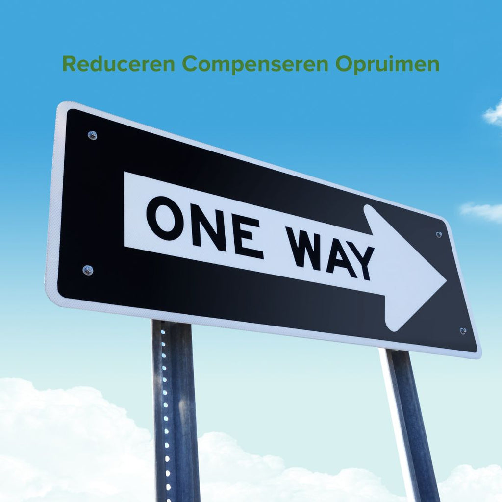 Verkeersbord met tekst: One Way | Een weg naar een CO2 neutrale wereld