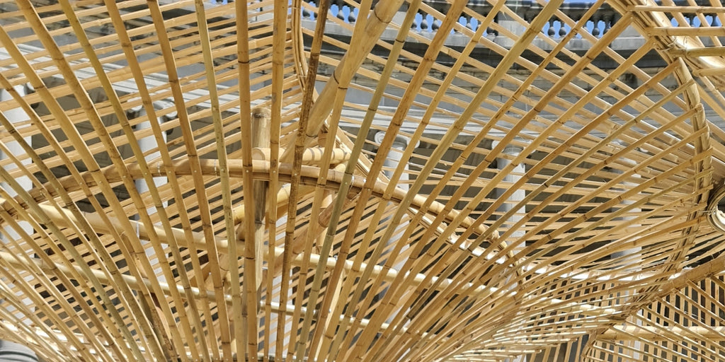 Close-up van het bamboe paviljoen Trilix te Brussel
